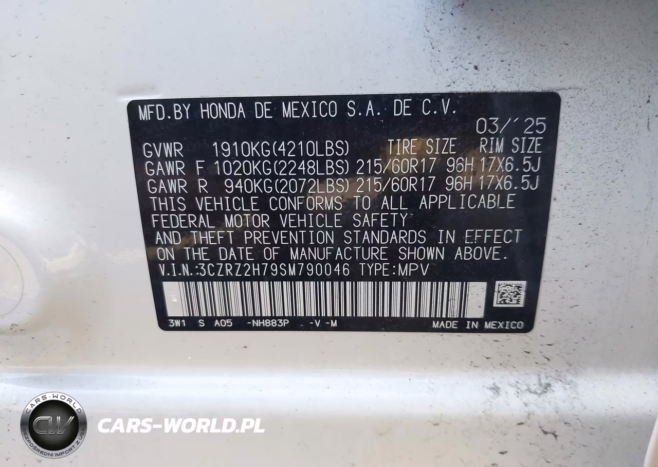 2025 Honda Hr-V Awd Ex-L VIN:3CZRZ2H79SM790046 - 9