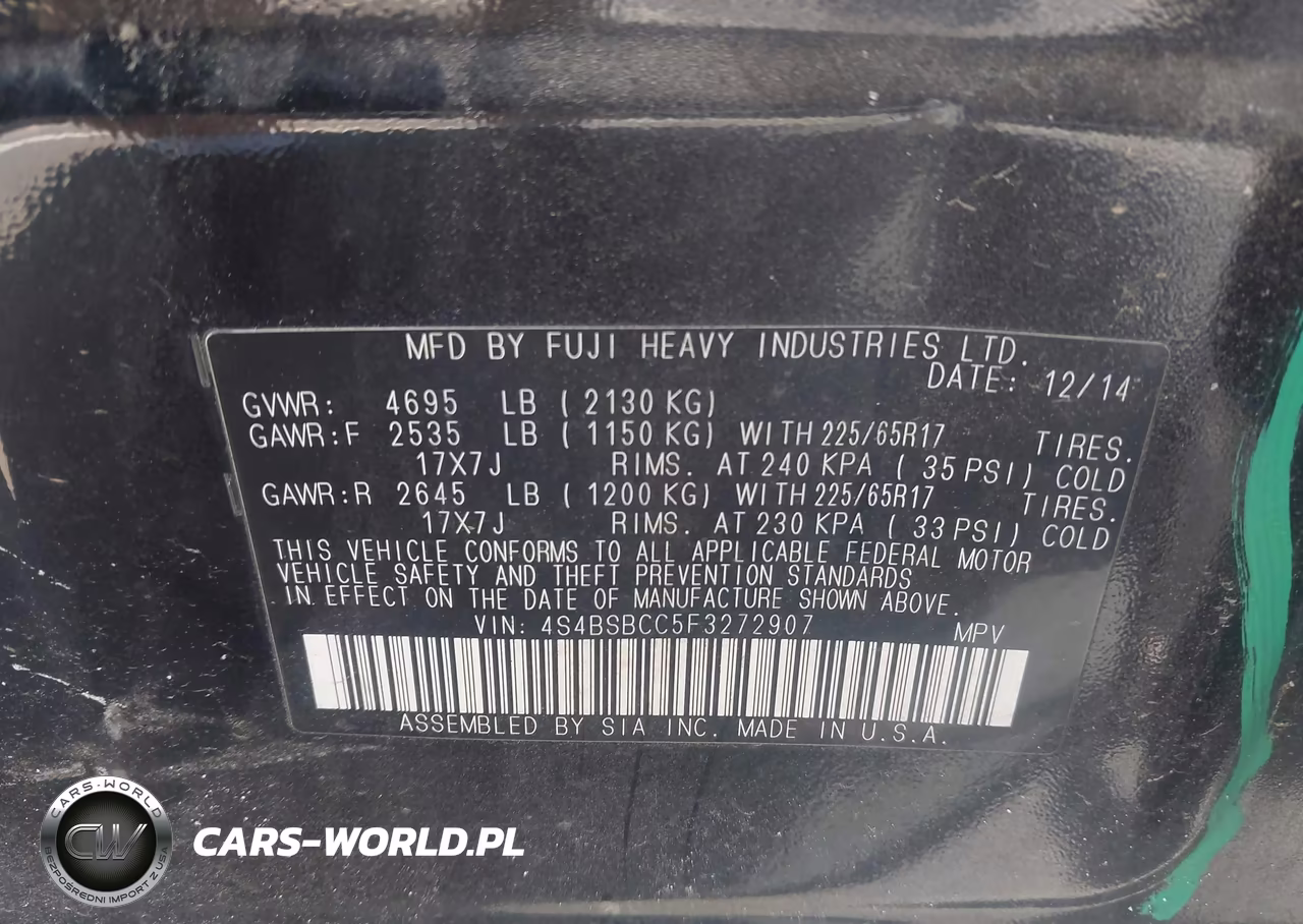 2015 Subaru Outback 2.5I Premium VIN:4S4BSBCC5F3272907 - 9