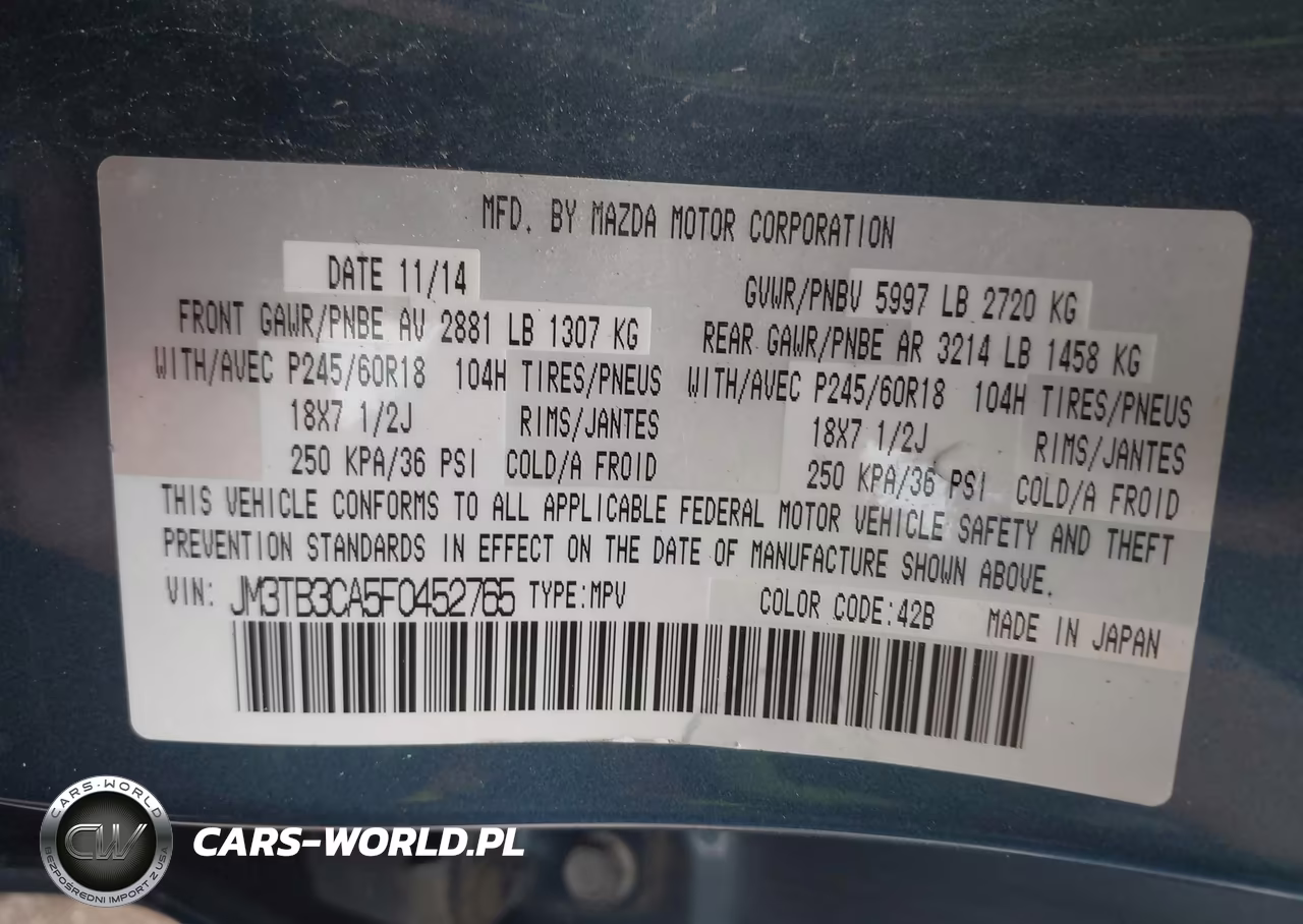 2015 Mazda Cx-9 Touring VIN:JM3TB3CA5F0452765 - 9