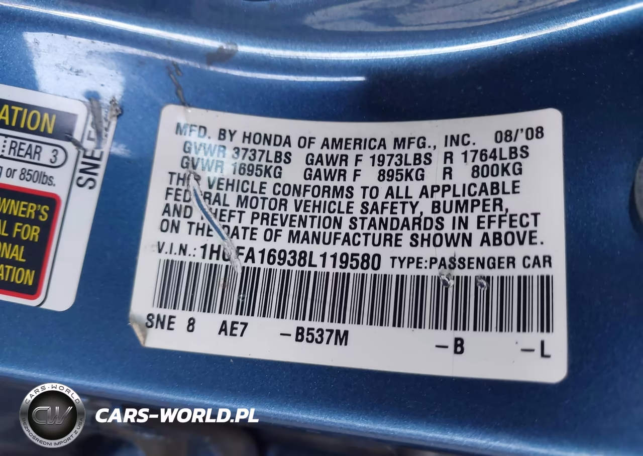 2008 Honda Civic Ex-L VIN:1HGFA16938L119580 - 9