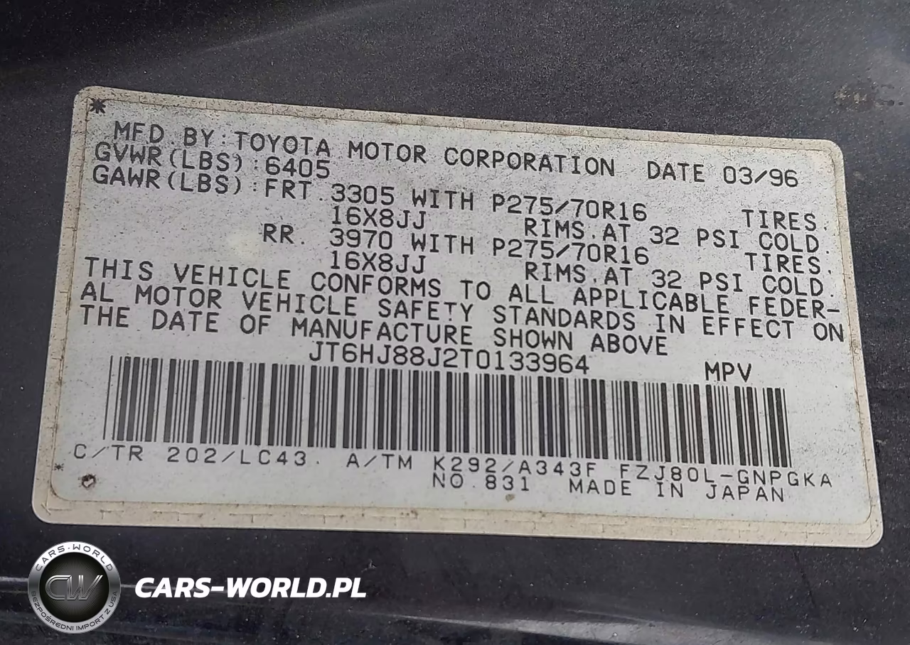 1996 Lexus Lx 450 VIN:JT6HJ88J2T0133964 - 9