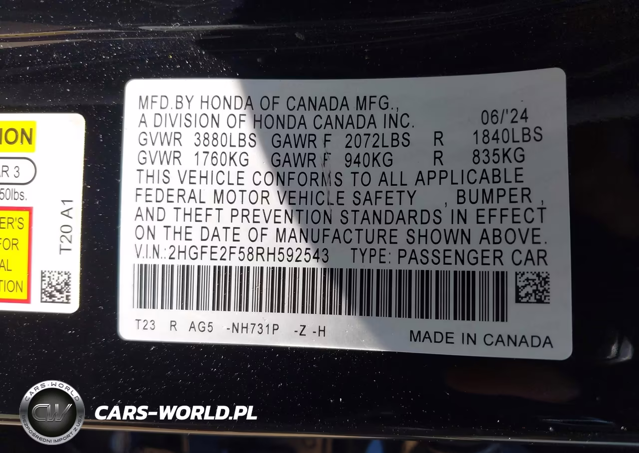 2024 Honda Civic Sport VIN:2HGFE2F58RH592543 - 9