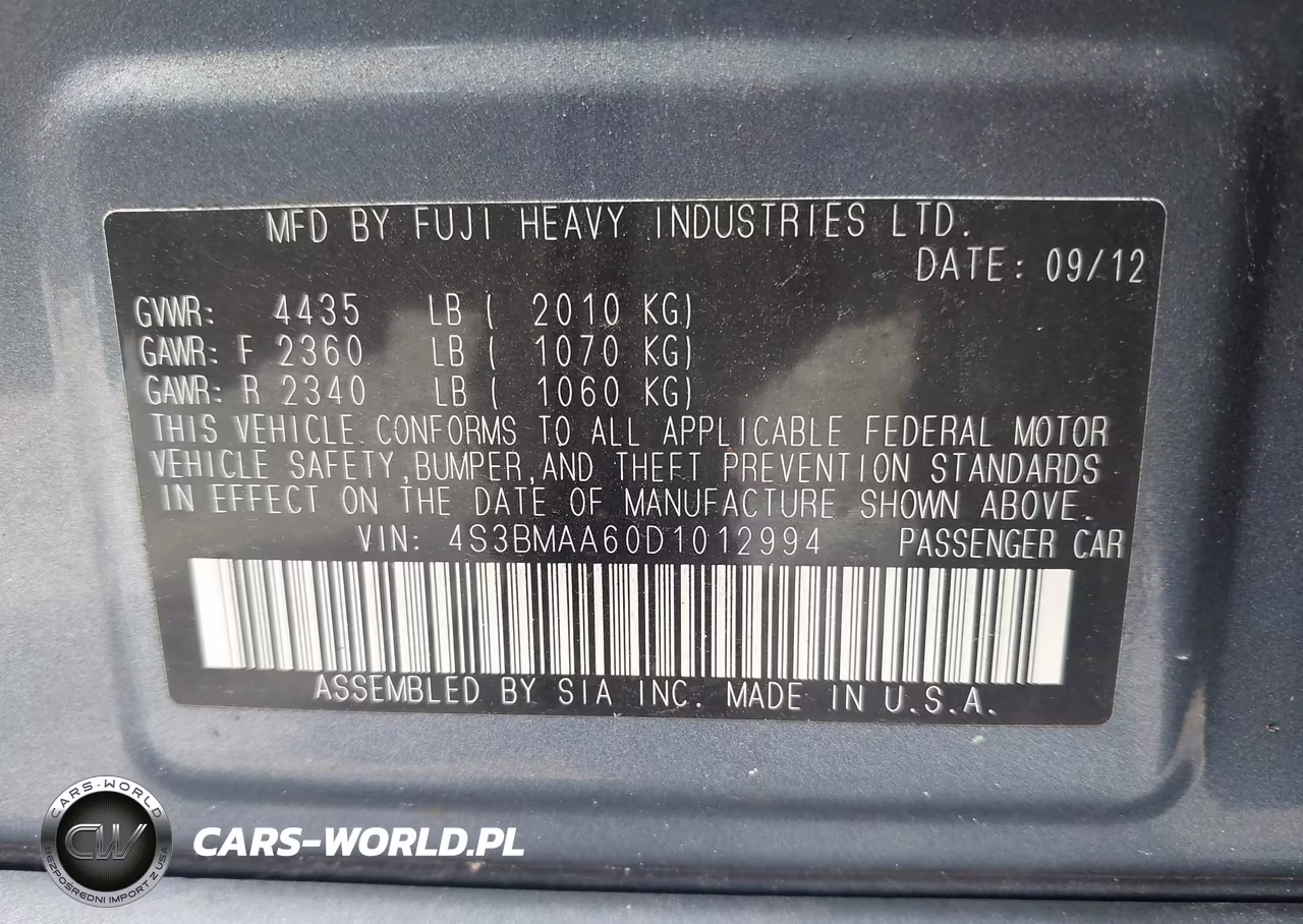 2013 Subaru Legacy 2.5I VIN:4S3BMAA60D1012994 - 9