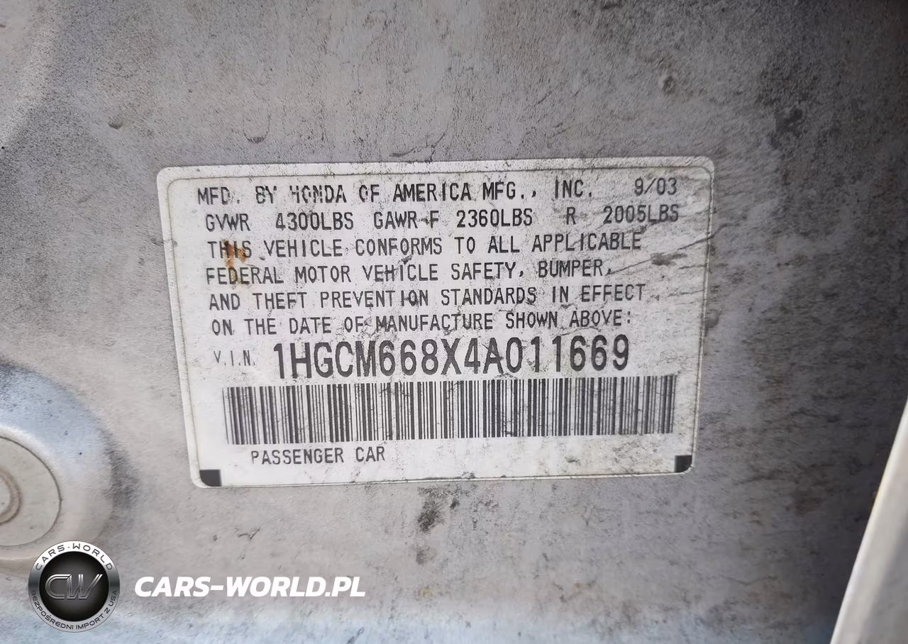 2004 Honda Accord 3.0 Ex VIN:1HGCM668X4A011669 - 9