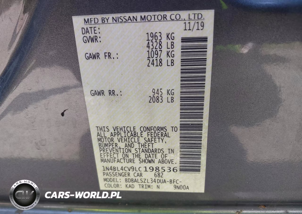 2020 Nissan Altima Sr Fwd VIN:1N4BL4CV9LC198536 - 9