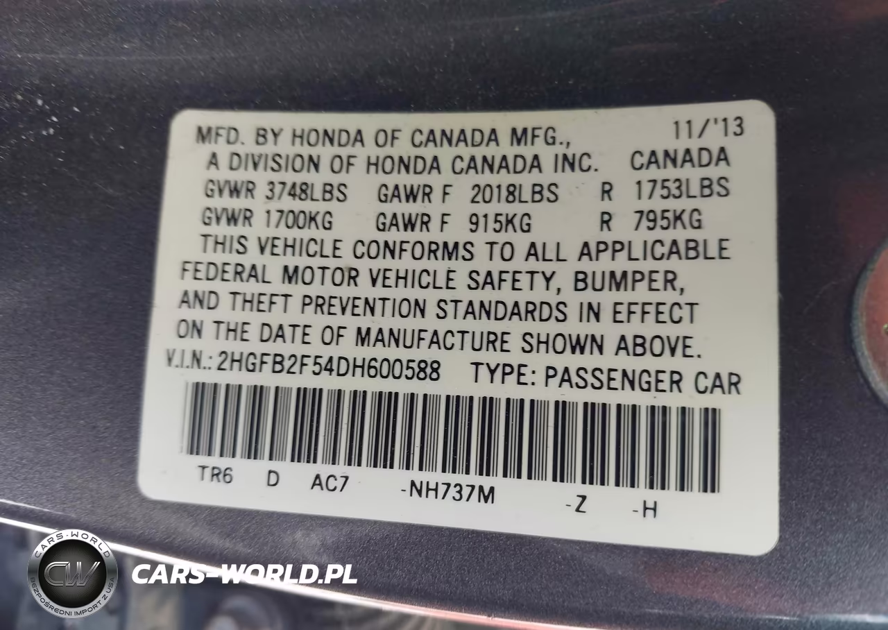 2013 Honda Civic Lx VIN:2HGFB2F54DH600588 - 9