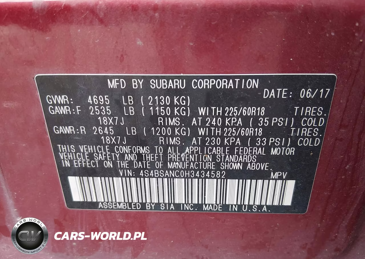 2017 Subaru Outback 2.5I Limited VIN:4S4BSANC0H3434582 - 9