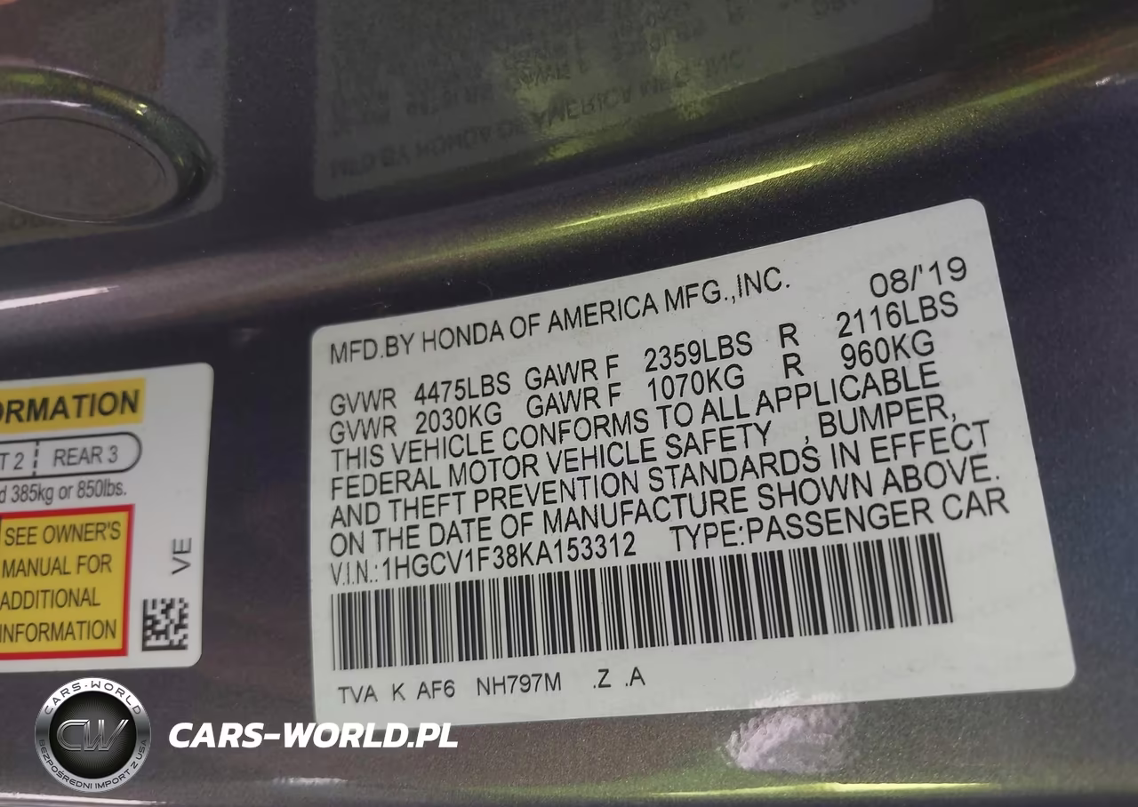 2019 Honda Accord Sport VIN:1HGCV1F38KA153312 - 9