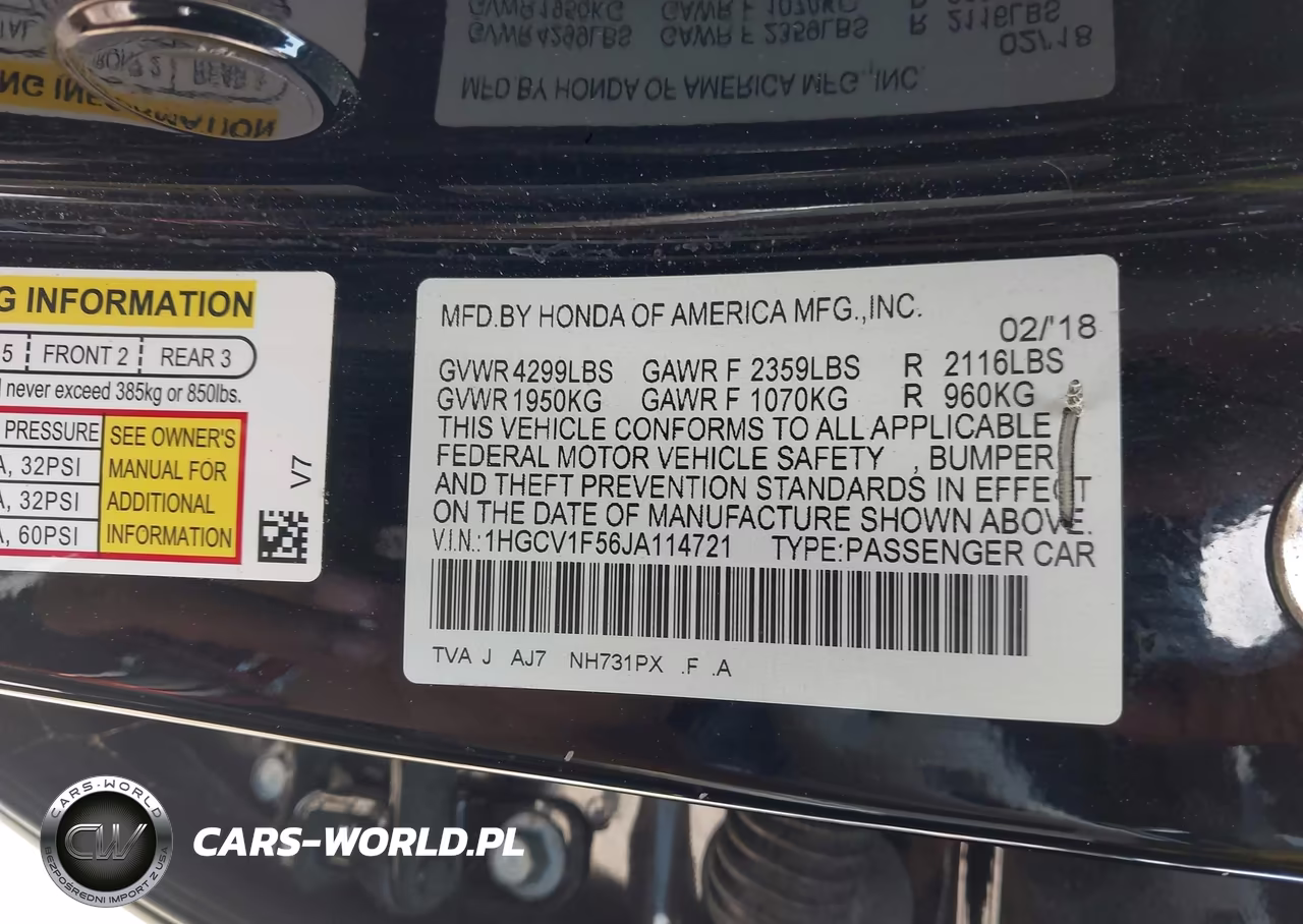 2018 Honda Accord Ex-L VIN:1HGCV1F56JA114721 - 9