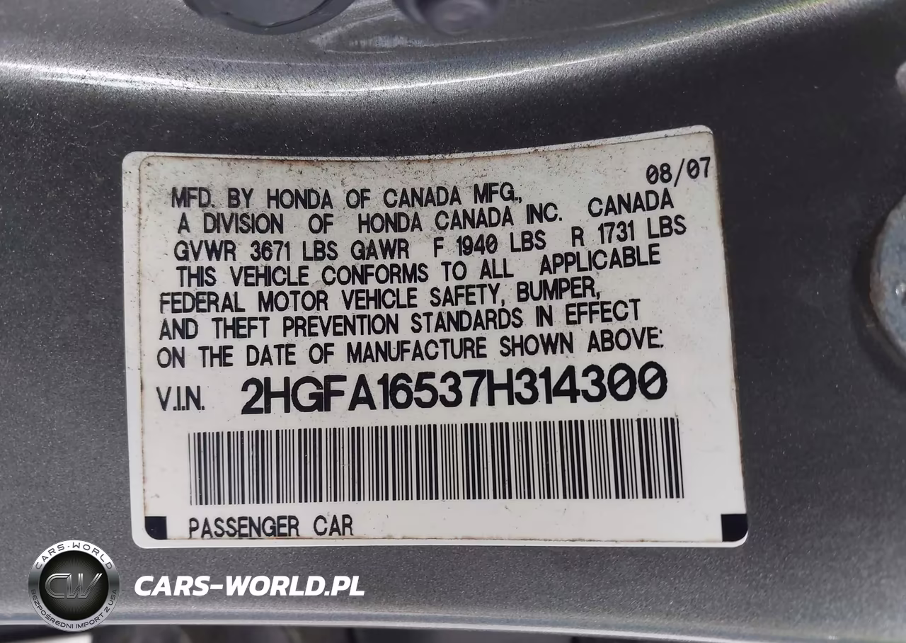 2007 Honda Civic Lx VIN:2HGFA16537H314300 - 9