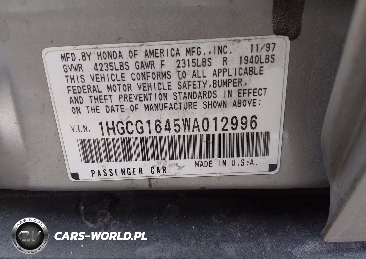 1998 Honda Accord Lx V6 VIN:1HGCG1645WA012996 - 9