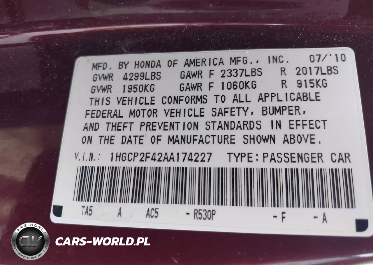 2010 Honda Accord 2.4 Lx-P VIN:1HGCP2F42AA174227 - 9