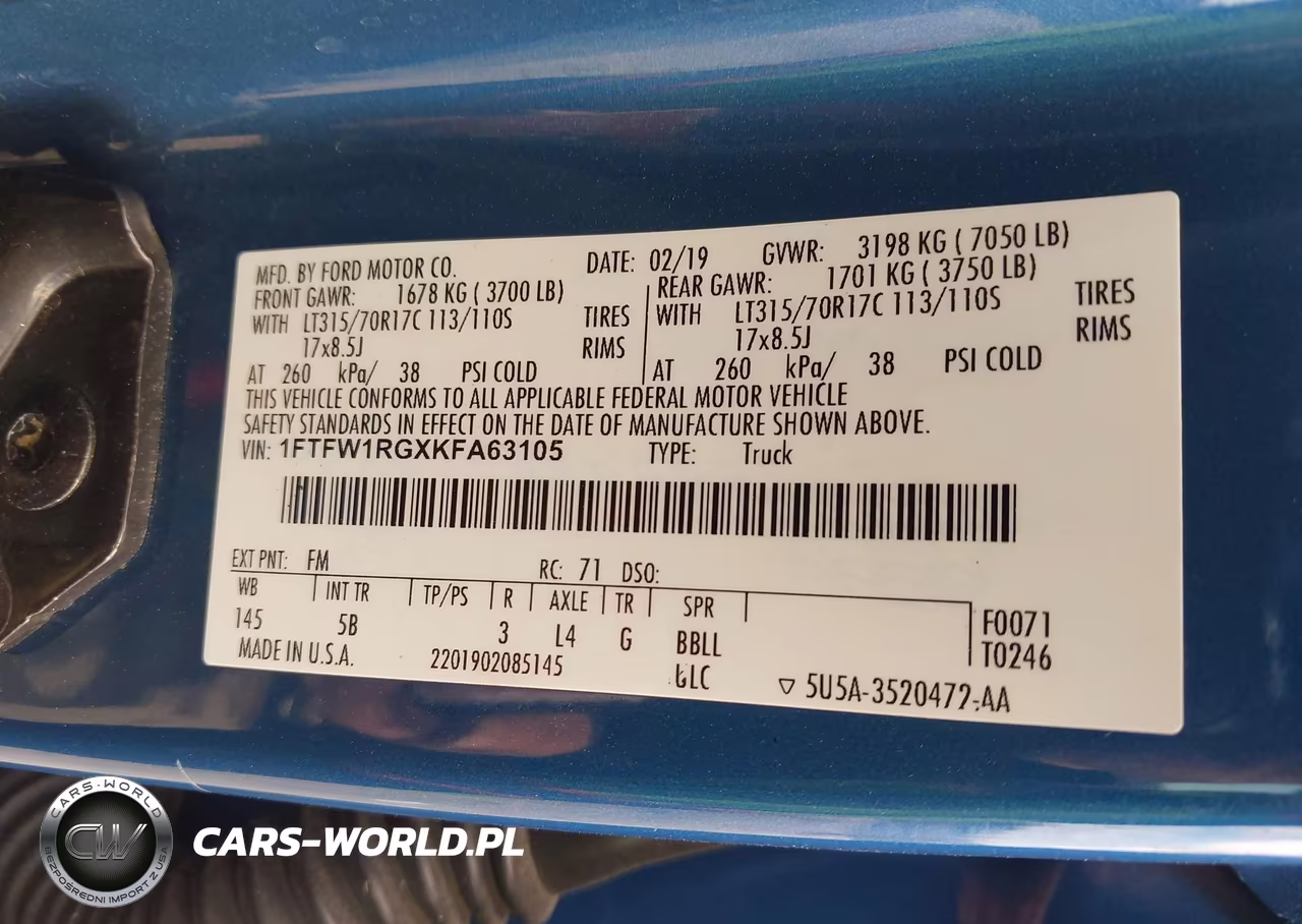 2019 Ford F150 Raptor VIN:1FTFW1RGXKFA63105 - 9