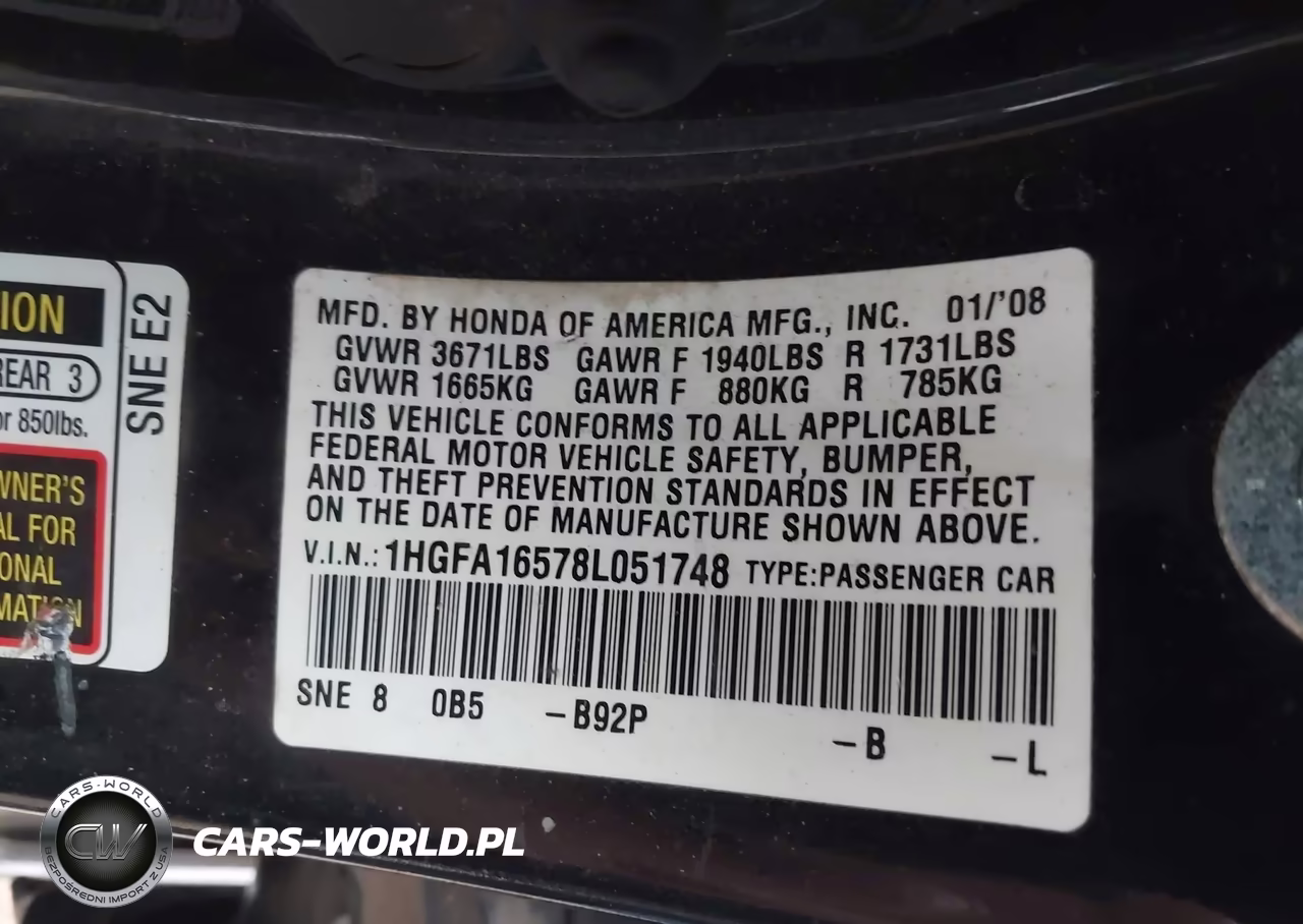 2008 Honda Civic Lx VIN:1HGFA16578L051748 - 9