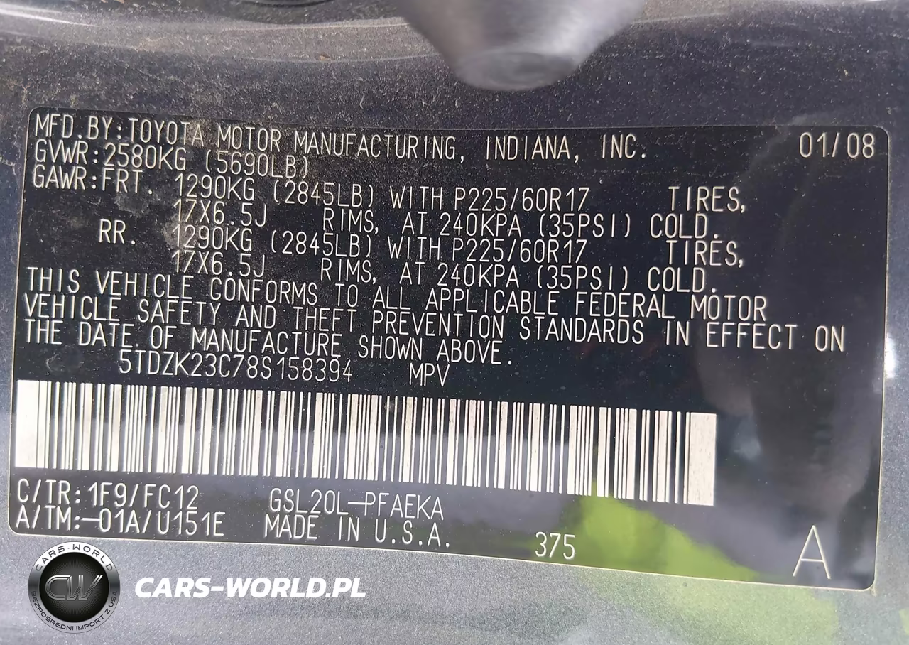 2008 Toyota Sienna Le VIN:5TDZK23C78S158394 - 9