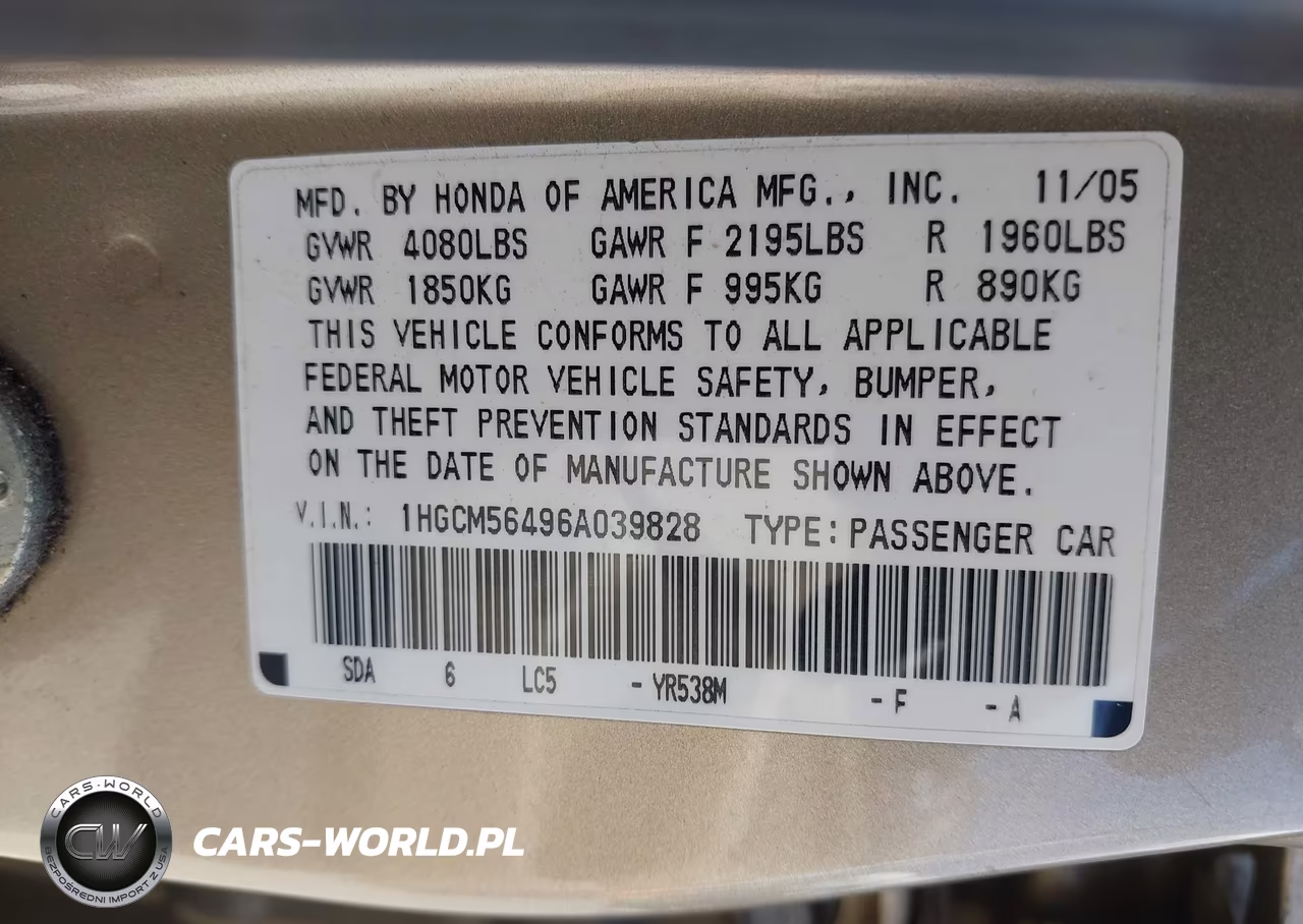2006 Honda Accord 2.4 Lx VIN:1HGCM56496A039828 - 9