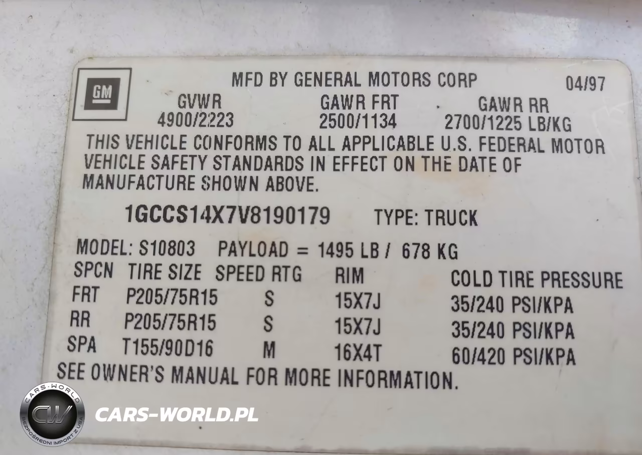 1997 Chevrolet S-10 Fleetside VIN:1GCCS14X7V8190179 - 9