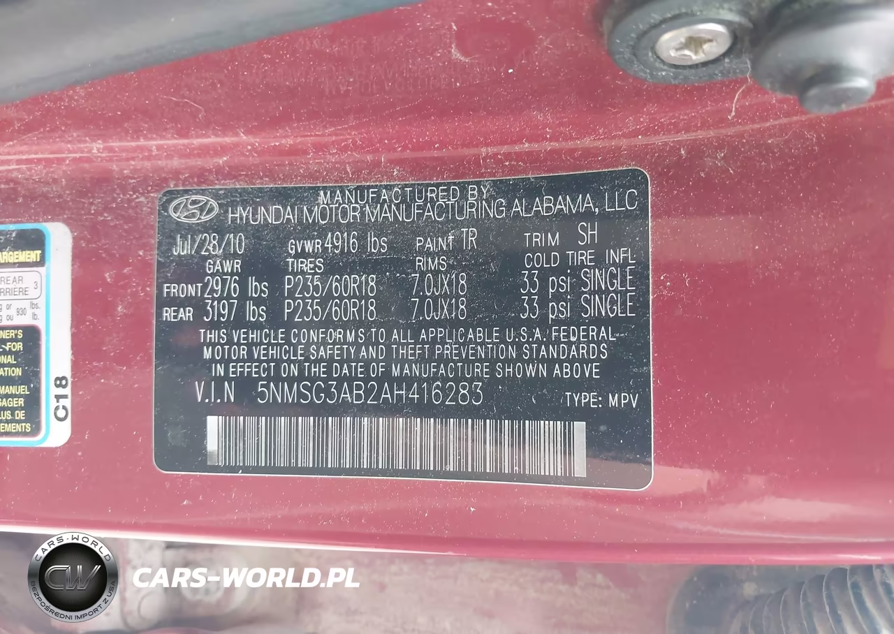 2010 Hyundai Santa Fe Gls VIN:5NMSG3AB2AH416283 - 7