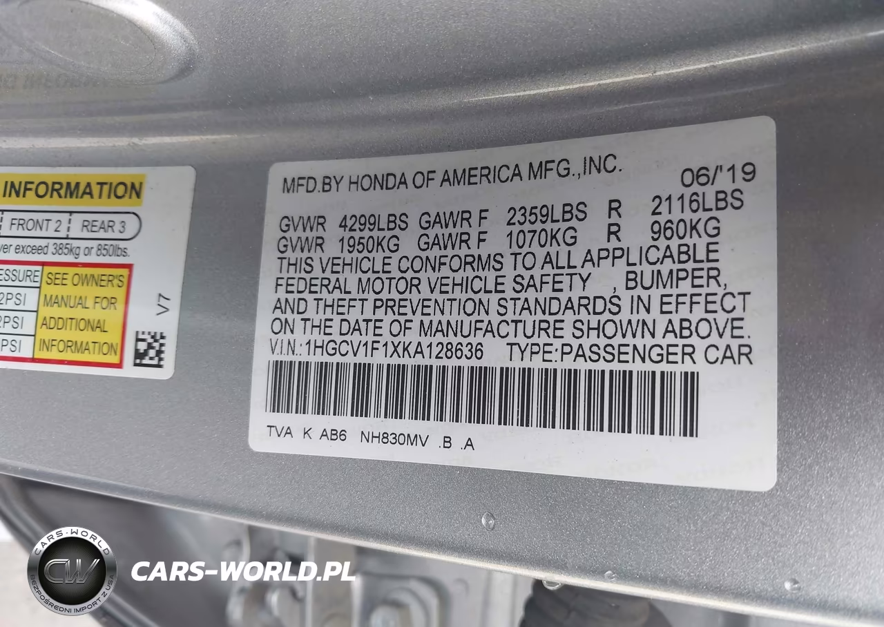 2019 Honda Accord Lx VIN:1HGCV1F1XKA128636 - 9