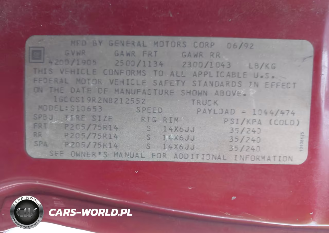 1992 Chevrolet S Truck S10 VIN:1GCCS19R2N8212552 - 9