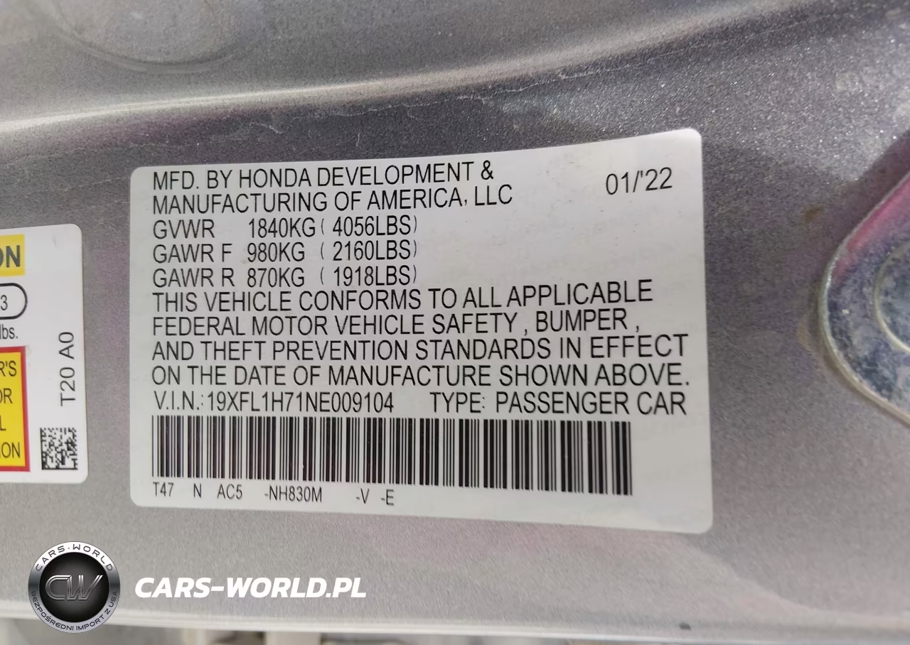 2022 Honda Civic Ex-L VIN:19XFL1H71NE009104 - 9