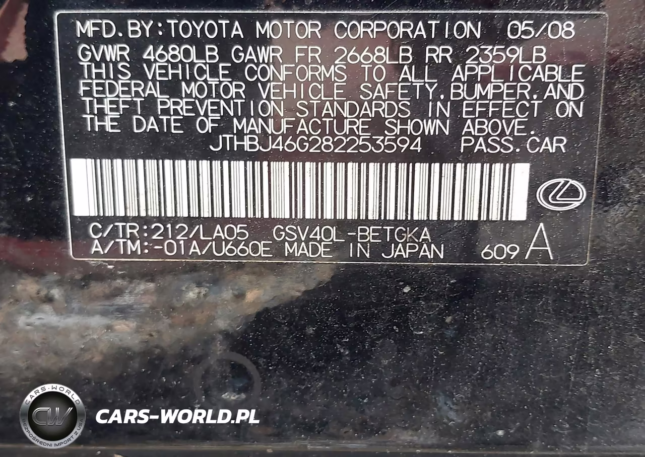 2008 Lexus Es 350 VIN:JTHBJ46G282253594 - 9