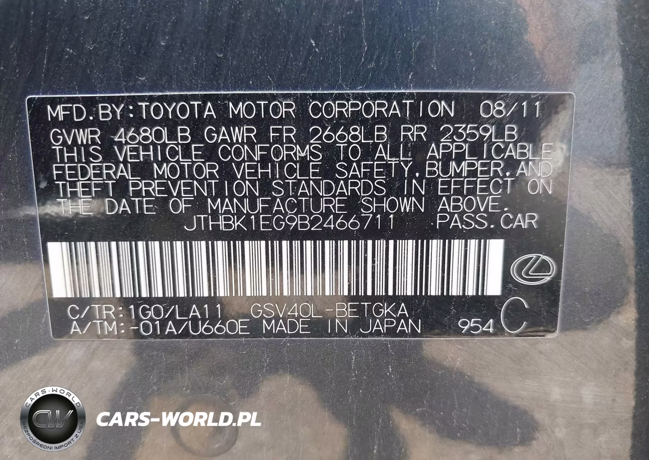 2011 Lexus Es 350 VIN:JTHBK1EG9B2466711 - 9