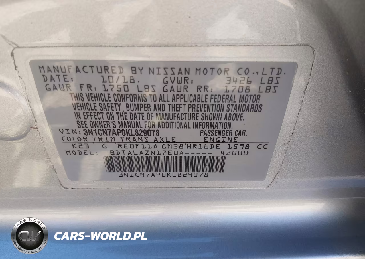 2019 Nissan Versa 1.6 S+ VIN:3N1CN7AP0KL829078 - 9
