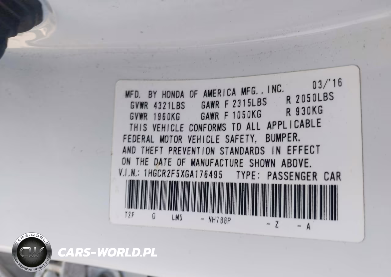 2016 Honda Accord Sport VIN:1HGCR2F5XGA176495 - 9
