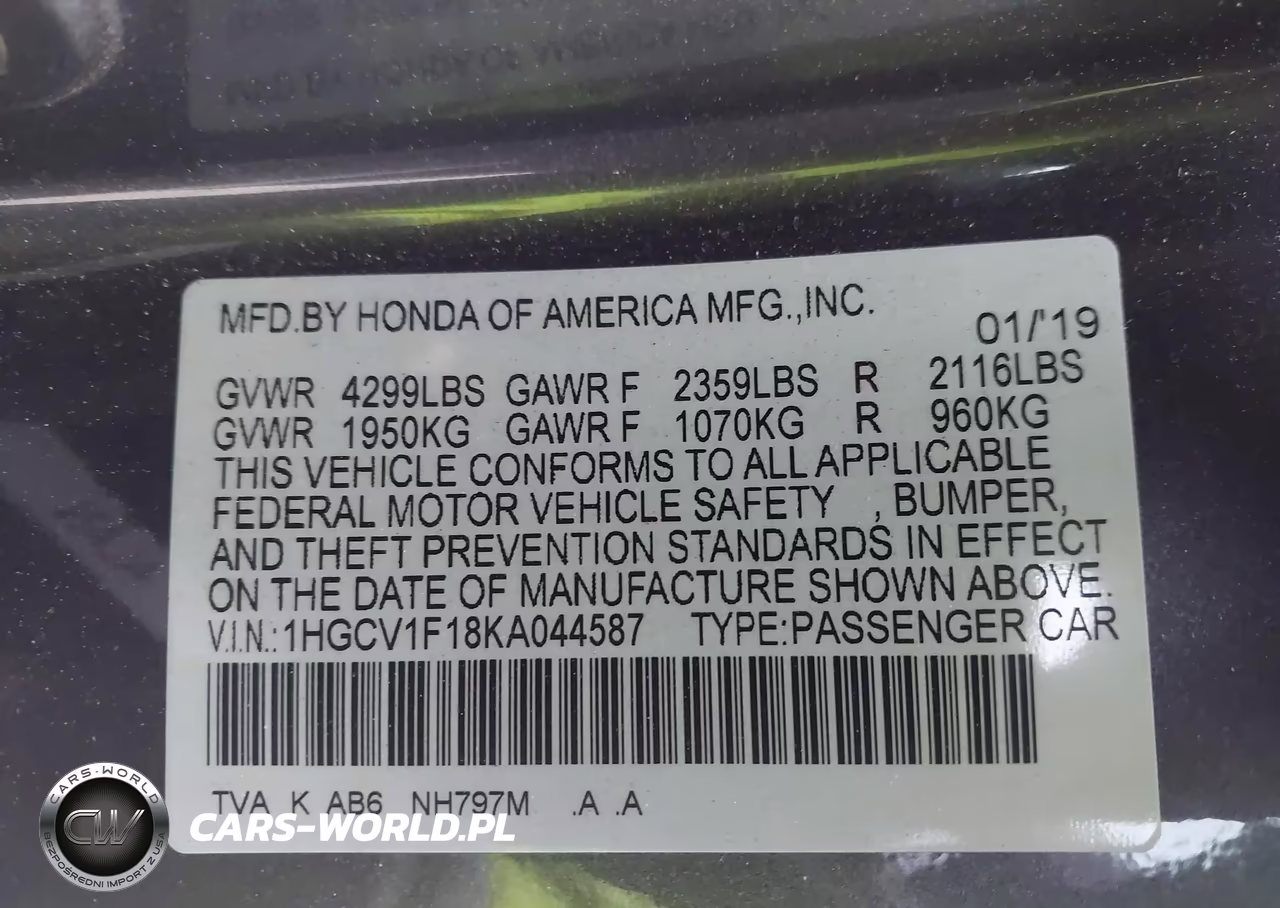 2019 Honda Accord Lx VIN:1HGCV1F18KA044587 - 9