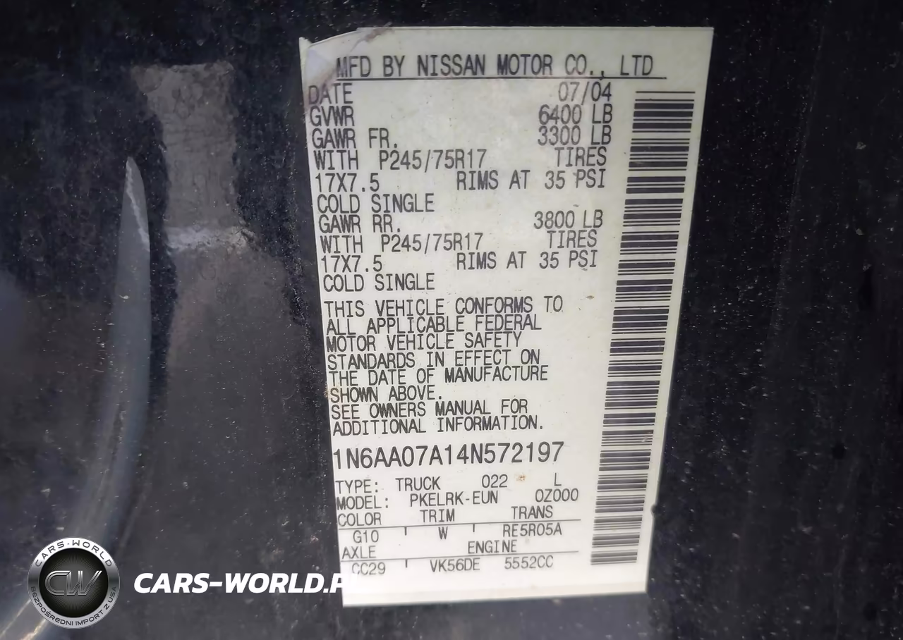 2004 Nissan Titan Xe VIN:1N6AA07A14N572197 - 9