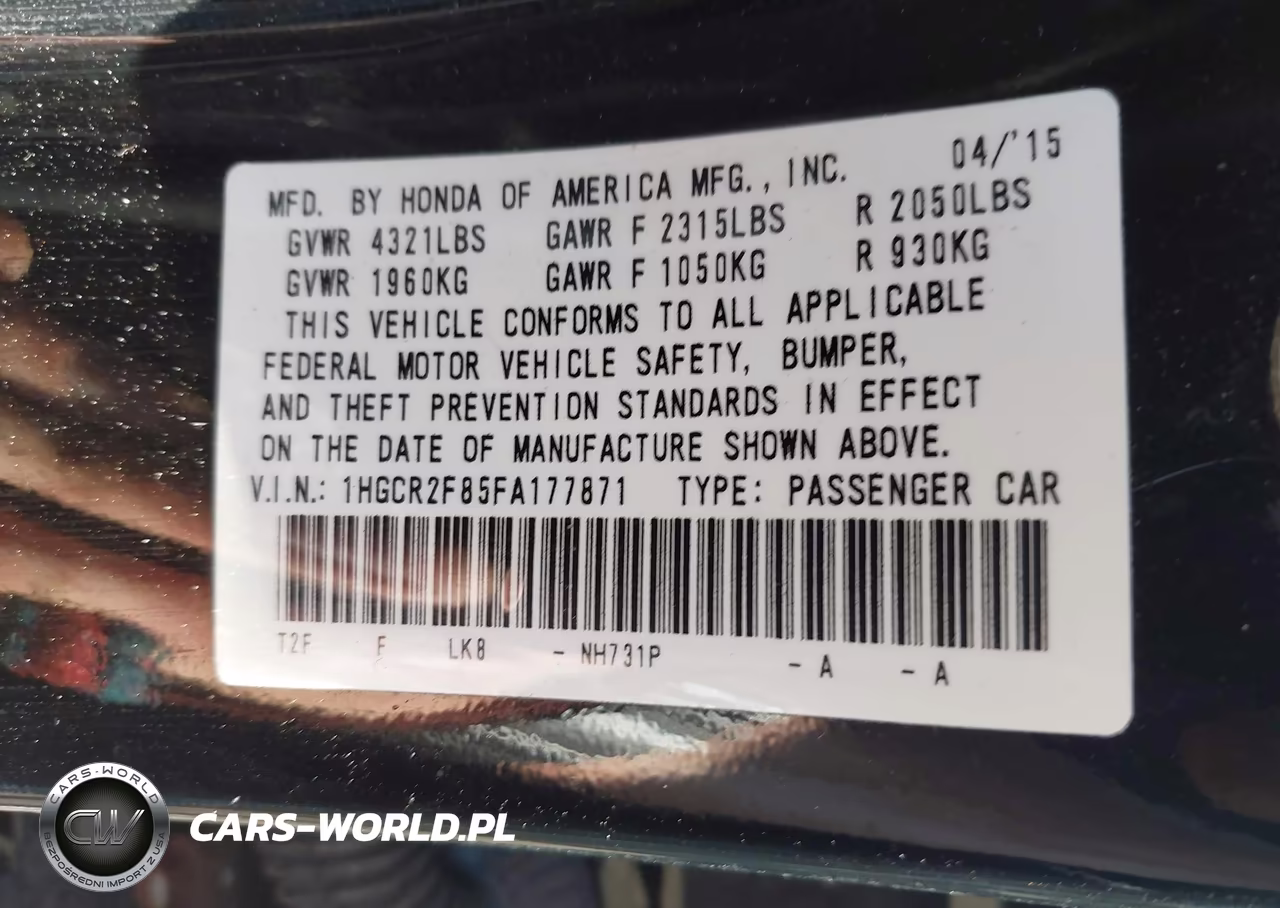 2015 Honda Accord Ex-L VIN:1HGCR2F85FA177871 - 9