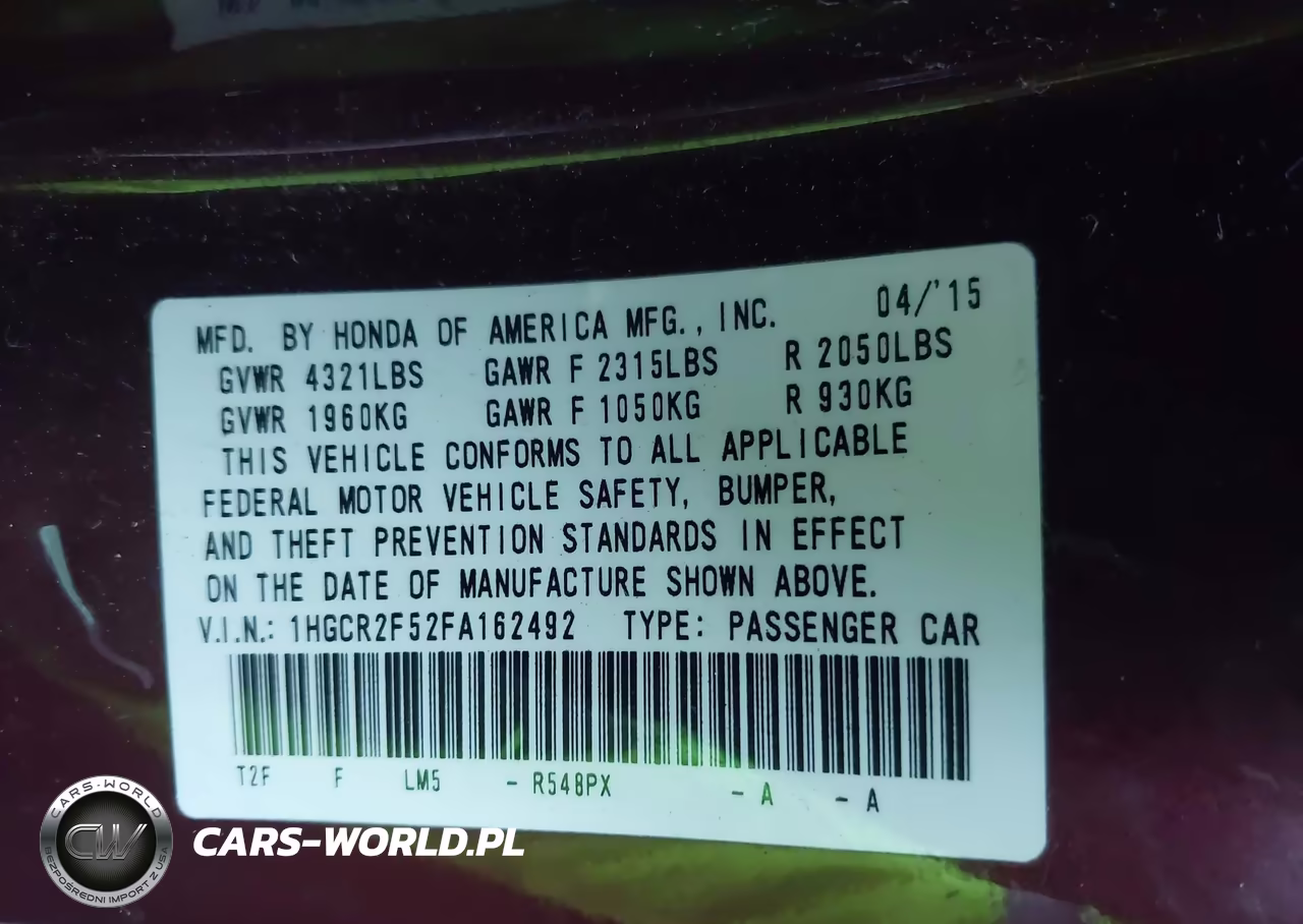 2015 Honda Accord Sport VIN:1HGCR2F52FA162492 - 9