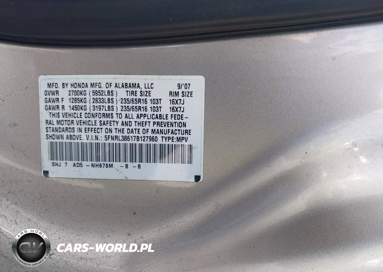 2007 Honda Odyssey Ex-L VIN:5FNRL38617B127960 - 9