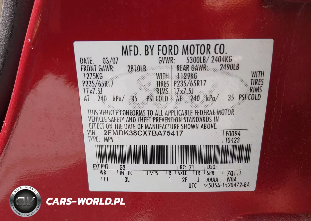 2007 Ford Edge Sel VIN:2FMDK38CX7BA75417 - 9