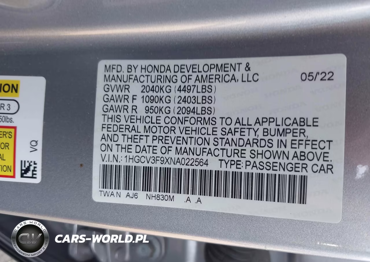 2022 Honda Accord Hybrid Touring VIN:1HGCV3F9XNA022564 - 9
