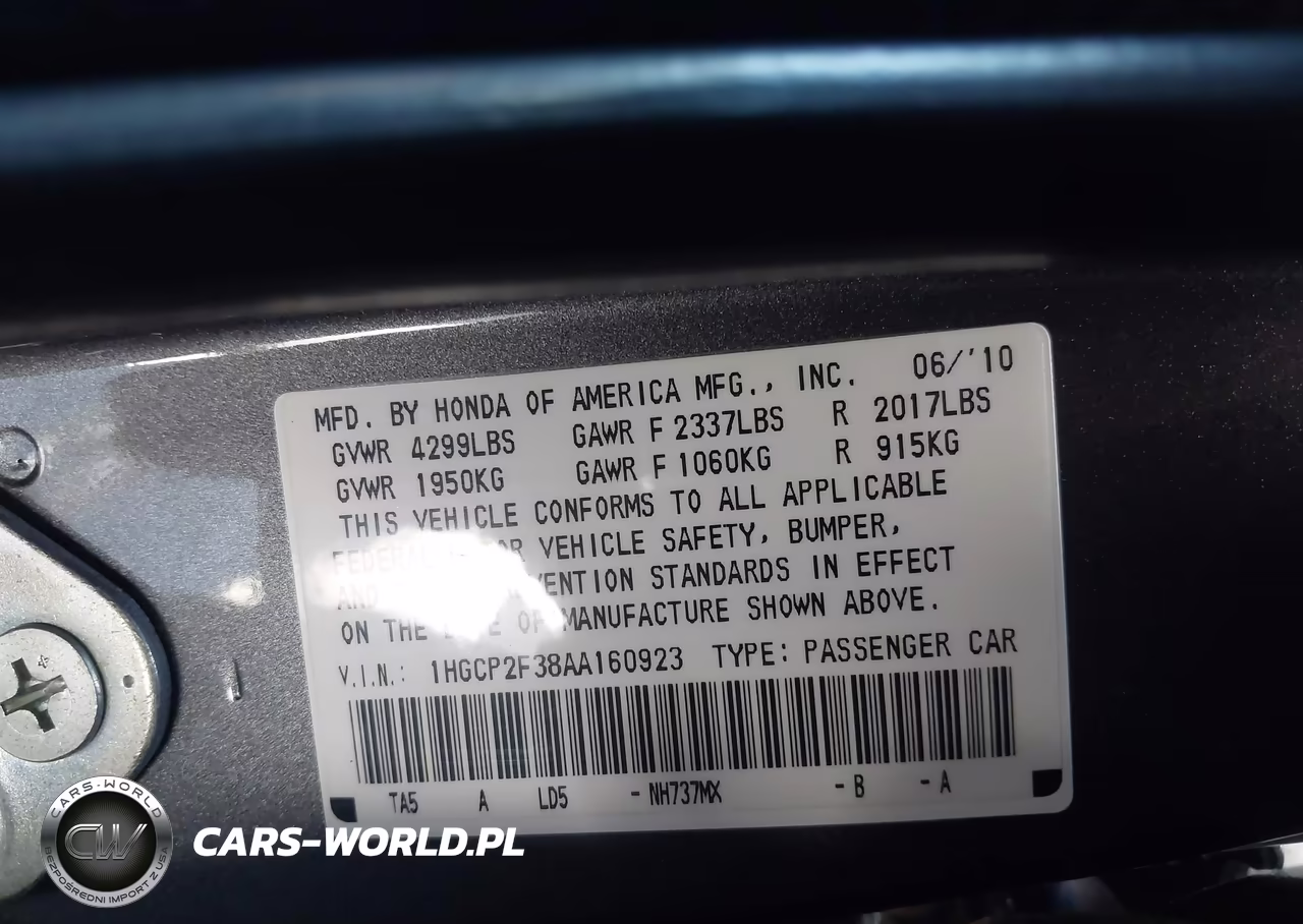 2010 Honda Accord 2.4 Lx VIN:1HGCP2F38AA160923 - 9