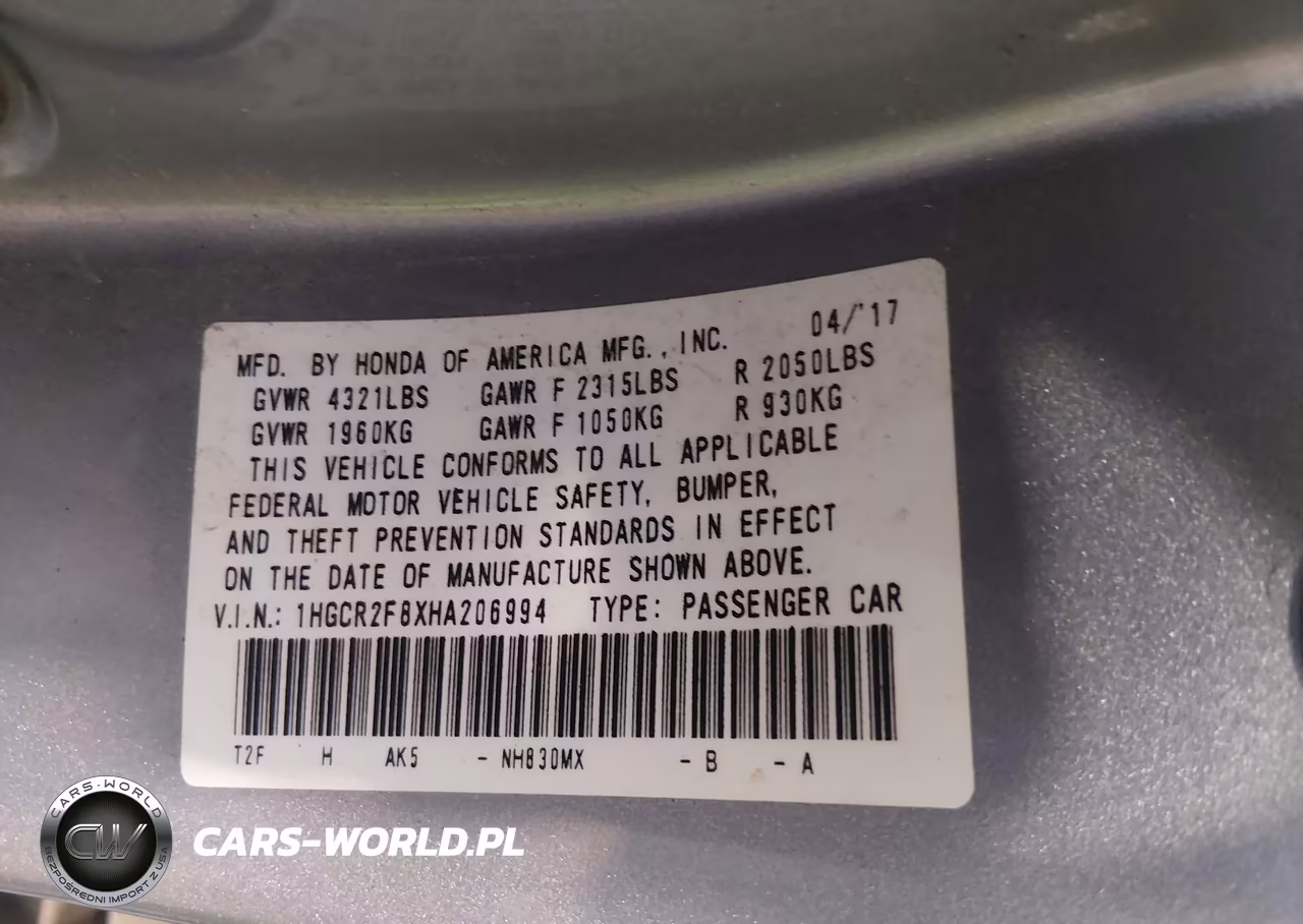 2017 Honda Accord Ex-L VIN:1HGCR2F8XHA206994 - 9