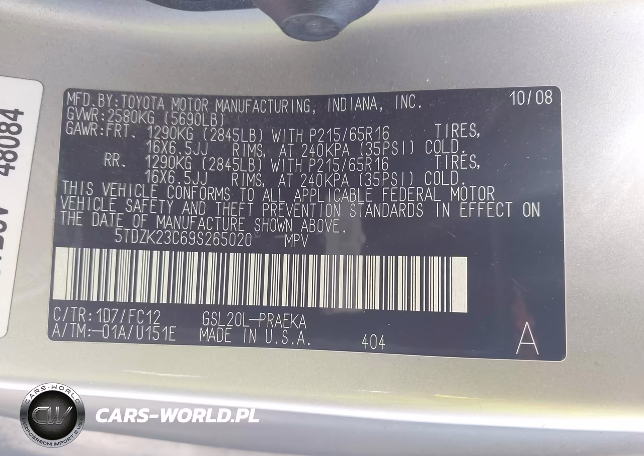 2009 Toyota Sienna Le VIN:5TDZK23C69S265020 - 9