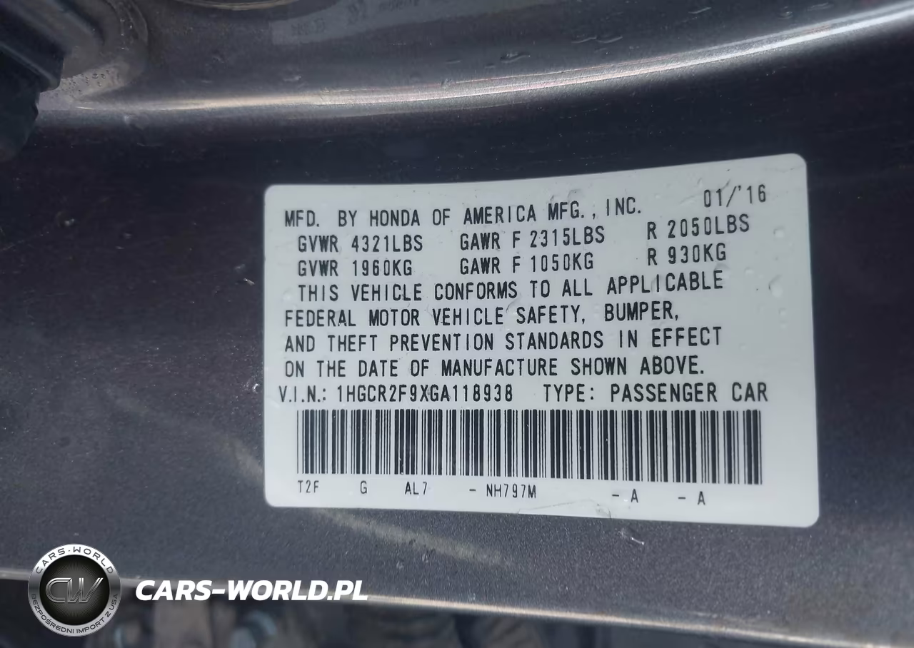 2016 Honda Accord Ex-L VIN:1HGCR2F9XGA118938 - 9