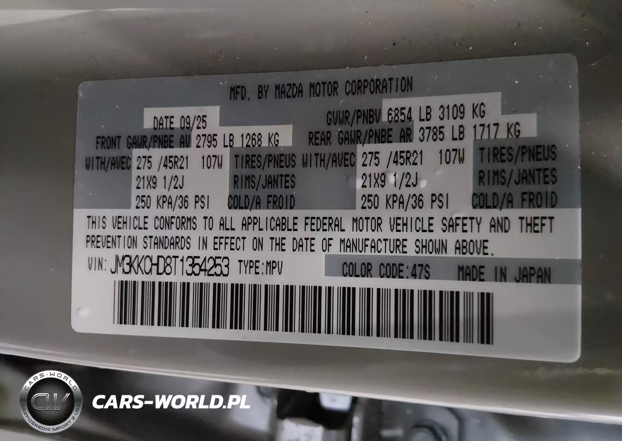 2026 Mazda Cx-90 3.3 Turbo Premium Sport VIN:JM3KKCHD8T1354253 - 9