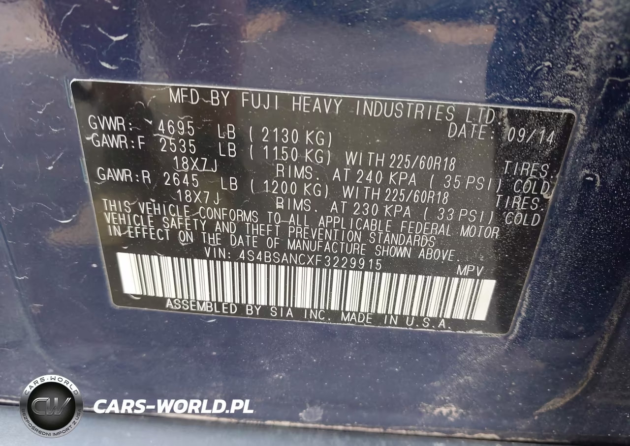 2015 Subaru Outback 2.5I Limited VIN:4S4BSANCXF3229915 - 9