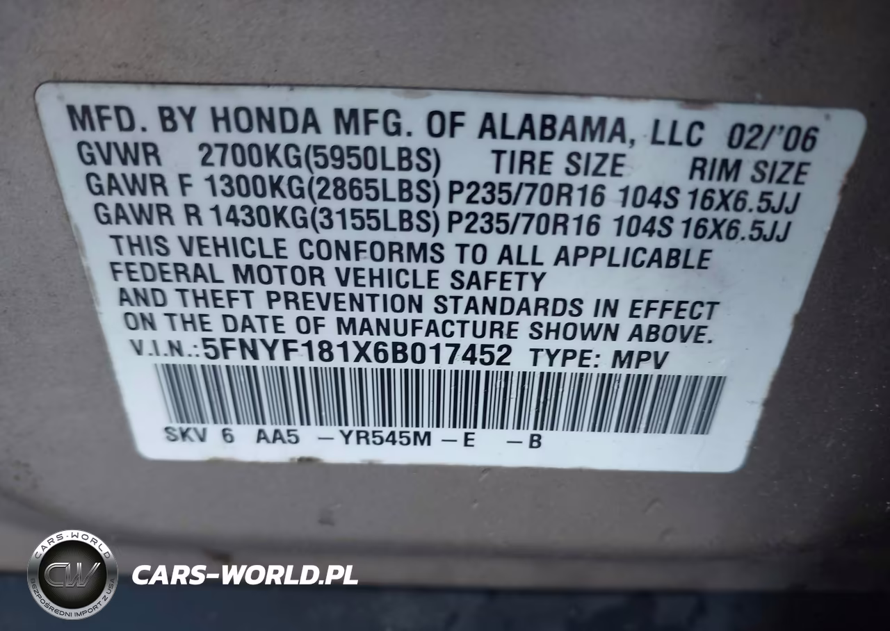 2006 Honda Pilot Lx VIN:5FNYF181X6B017452 - 9