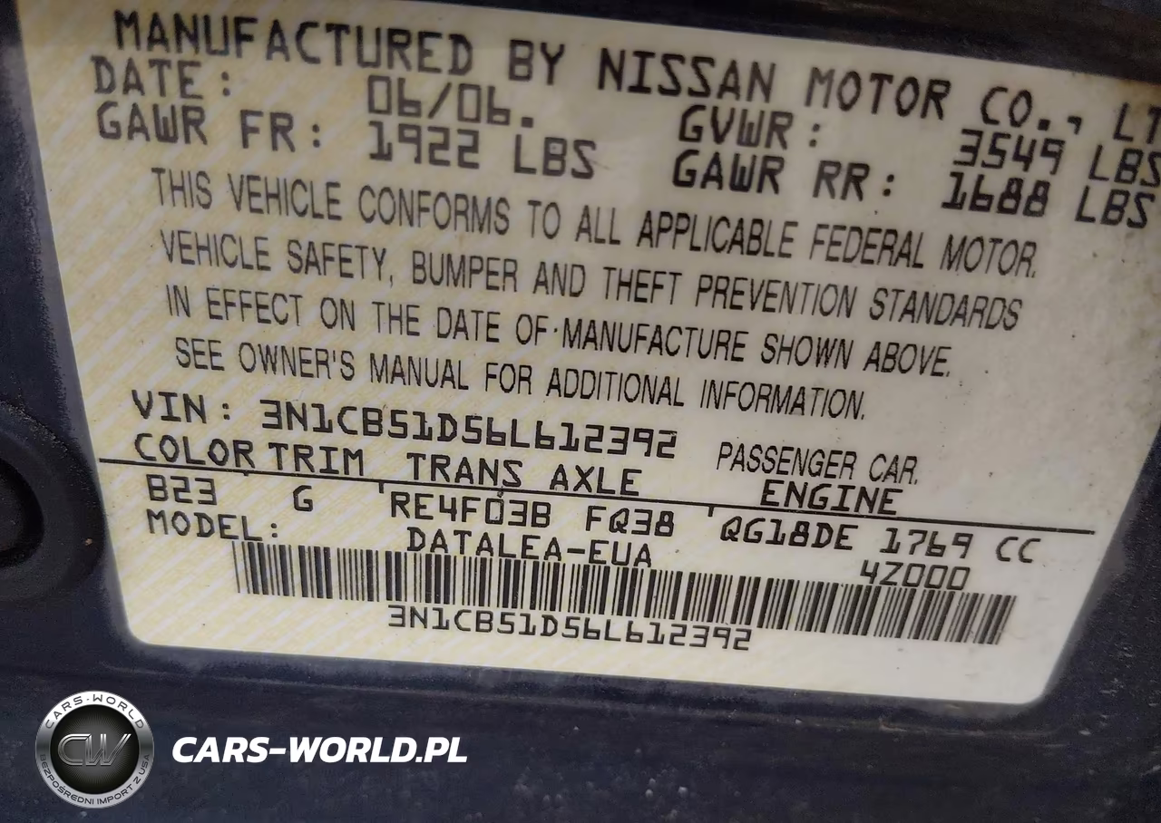 2006 Nissan Sentra 1.8S VIN:3N1CB51D56L612392 - 9