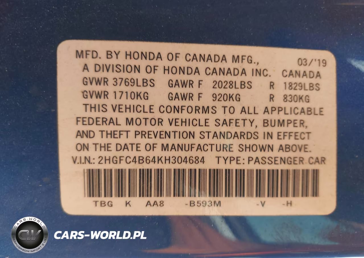 2019 Honda Civic Lx VIN:2HGFC4B64KH304684 - 9