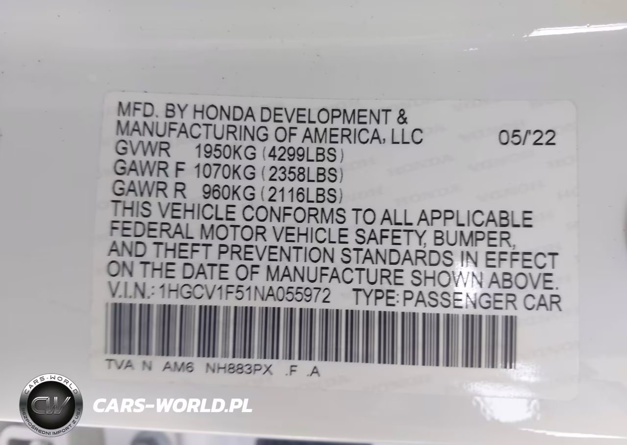 2022 Honda Accord Ex-L VIN:1HGCV1F51NA055972 - 9