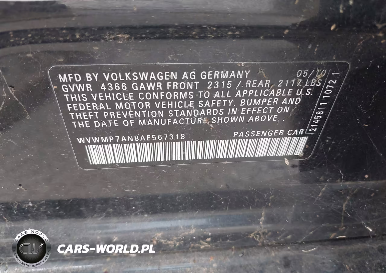 2010 Volkswagen Cc Sport VIN:WVWMP7AN8AE567318 - 9