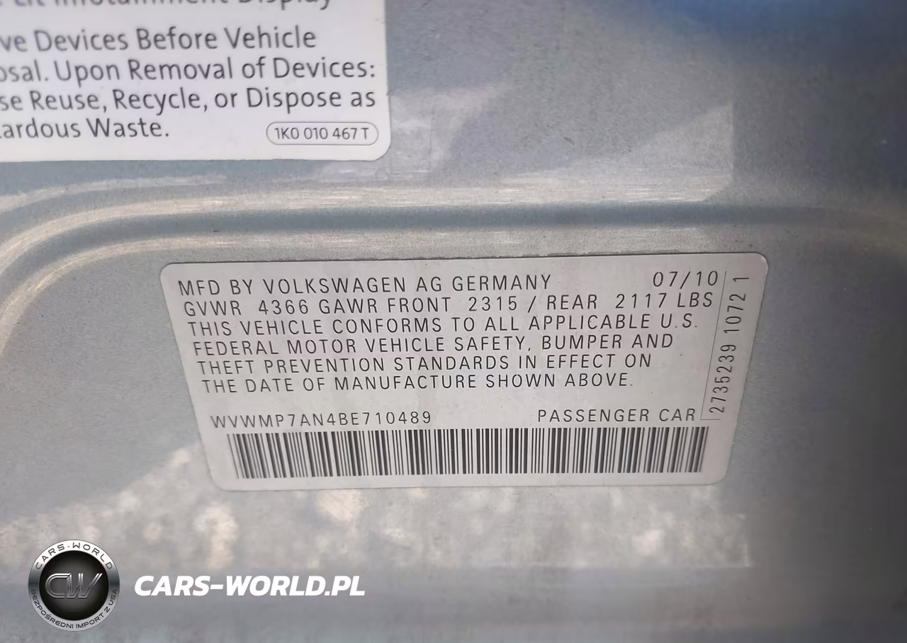 2011 Volkswagen Cc Sport VIN:WVWMP7AN4BE710489 - 9