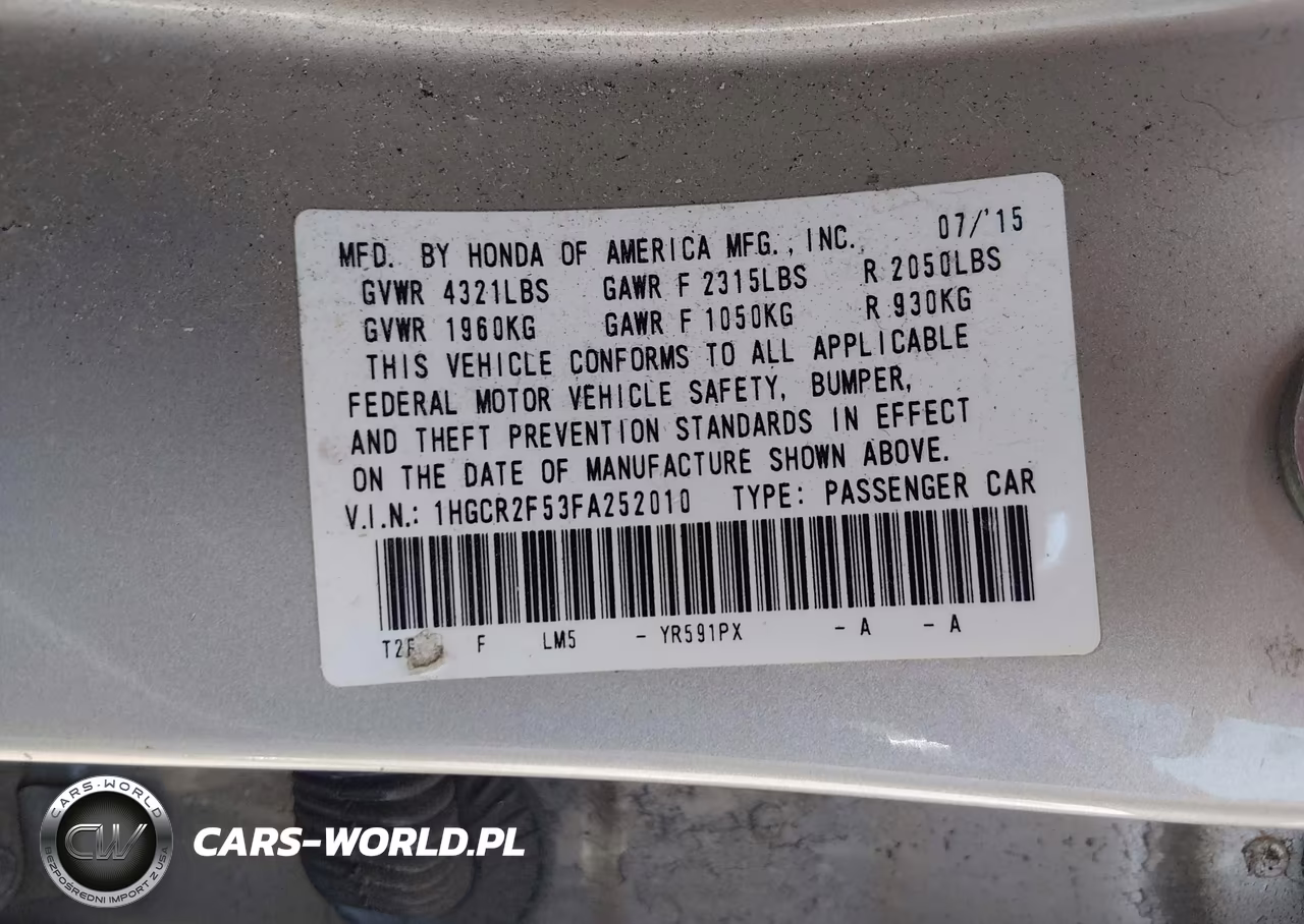 2015 Honda Accord Sport VIN:1HGCR2F53FA252010 - 9