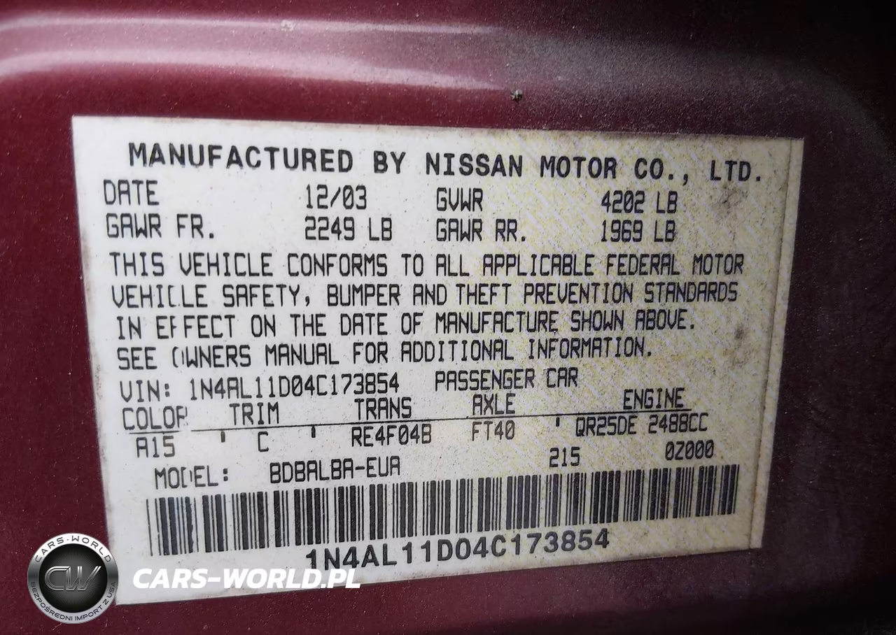 2004 Nissan Altima 2.5 S VIN:1N4AL11D04C173854 - 9